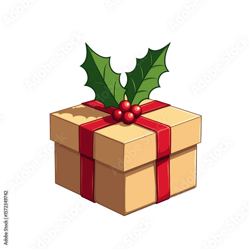 Holiday gift box with holly and red ribbon, Christmas festive decoration