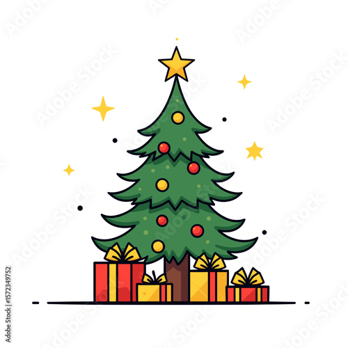 Christmas tree with presents and star – festive holiday celebration