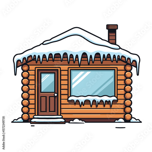 Snow-covered log cabin with icicles, winter holiday retreat illustration