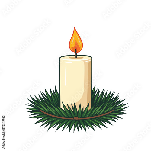 Christmas candle on pine wreath, holiday decoration with copyspace