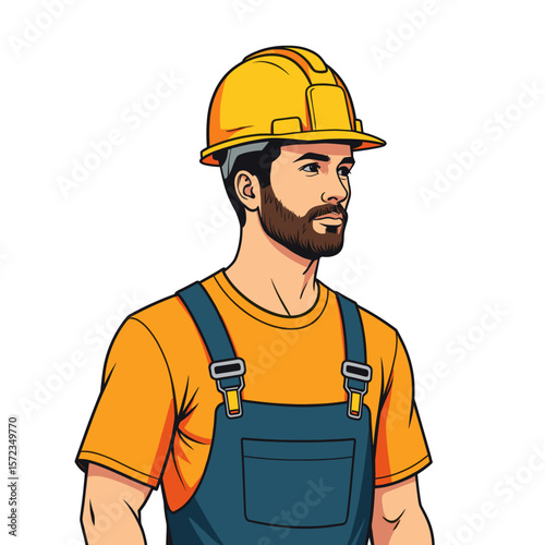 Construction Worker with Hard Hat and Beard, Industry Safety Illustration