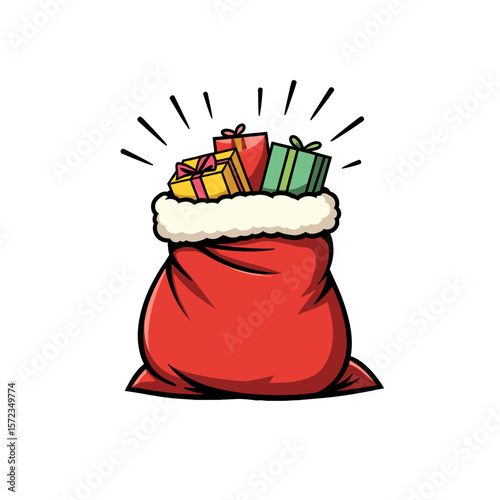 Santa's gift sack full of Christmas presents, holiday celebration illustration