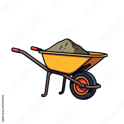Yellow wheelbarrow filled with soil, construction site tool illustration