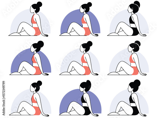 Minimalist illustration of woman in various swimsuits on white background with transparency