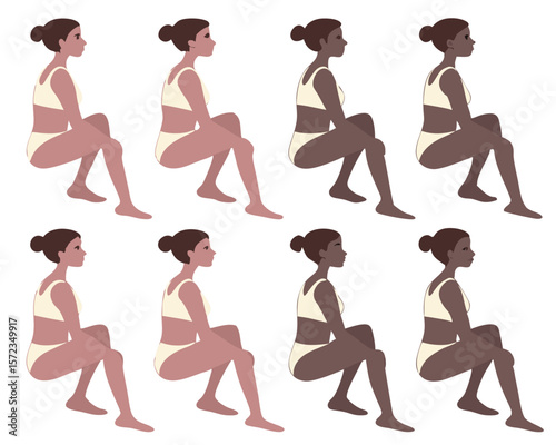 Eight women silhouettes in various skin tones sitting with transparency for design