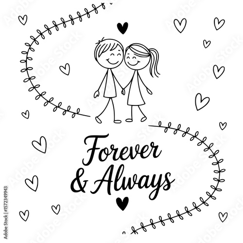 Forever & Always: The timeless embrace of two stick figures, holding hands amidst a tapestry of hearts and swirling vines, embodies an unending love story that transcends time. 