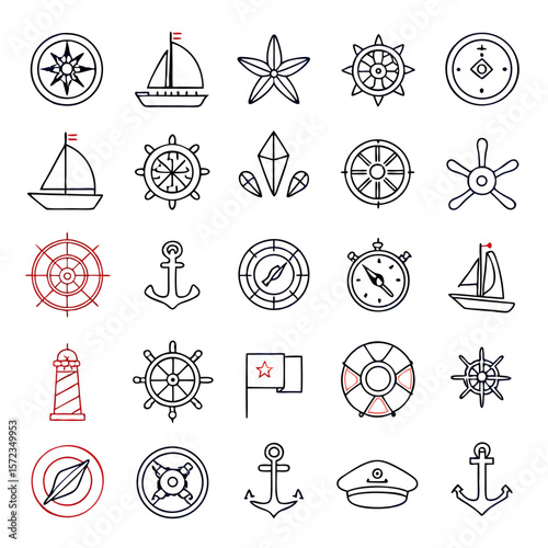 Collection of nautical themed icons including compasses ships anchors and steering wheels arranged in a grid