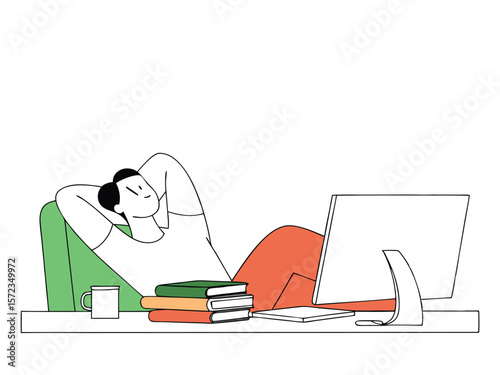 Relaxed professional taking a break with arms behind head at office desk