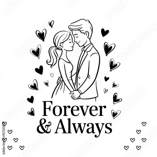Forever & Always: A hand-drawn illustration of a loving couple, surrounded by hearts, capturing the essence of eternal love and commitment. 