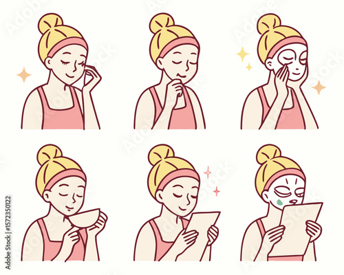 A woman's illustrated skincare routine demonstrating different facial treatments and products in a clean design