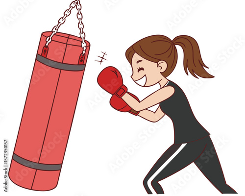 Active and happy female cartoon character practicing boxing with a punching bag