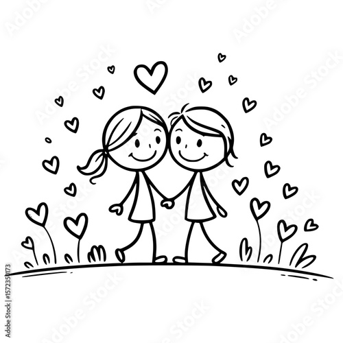 Endearing Embrace of Love: A delightful black and white illustration captures a tender moment between two stick figure characters, hand in hand.