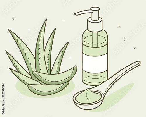 Aloe vera skincare composition displaying leaves cream and pump bottle graphic