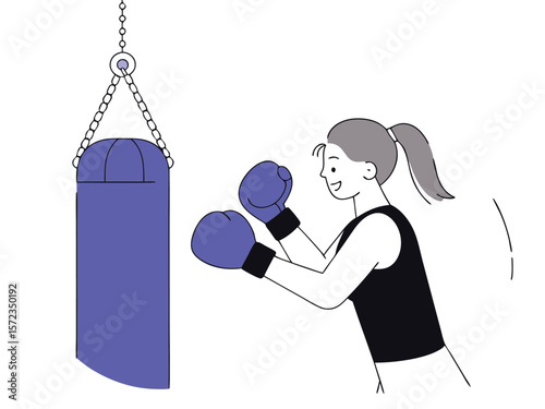 Animated female boxer training with punching bag in a modern flat design style
