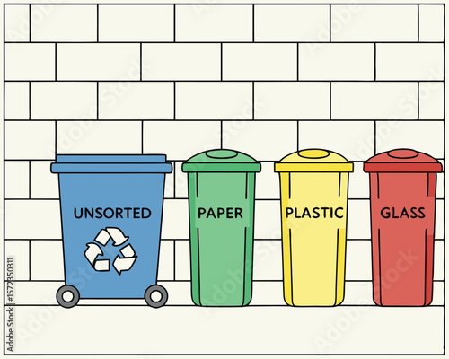 Cartoon illustration of recycling bins for paper plastic glass and unsorted items with recycled symbol