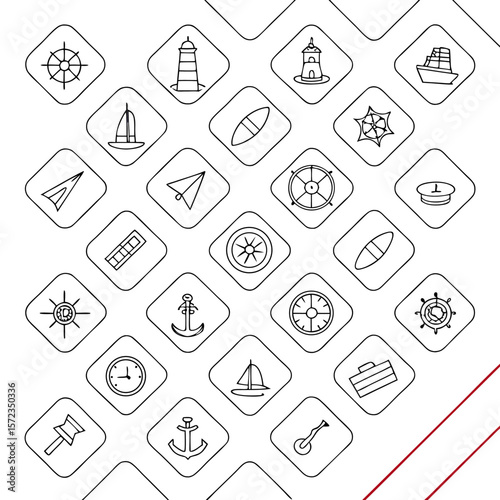 Illustration of nautical themed icons including ship wheels lighthouses boats anchors and travel related items