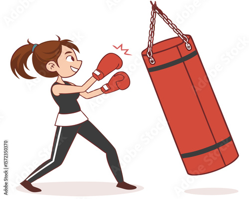 Cheerful woman practicing boxing with a punching bag in a sporty illustration