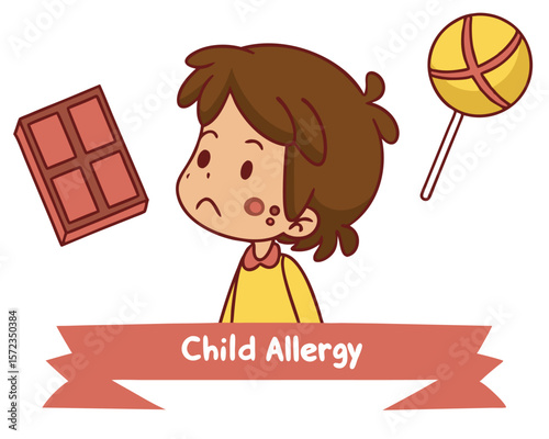 Child allergy concept featuring cartoon illustrations of food and a concerned child on white background