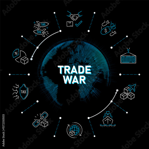Trade war icon concept around digital globe surrounded by line-style icons representing tariff, import, export, sanction and policy conflict, vector illustration
