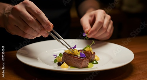 A chef meticulously garnishes a gourmet dish with tweezers.