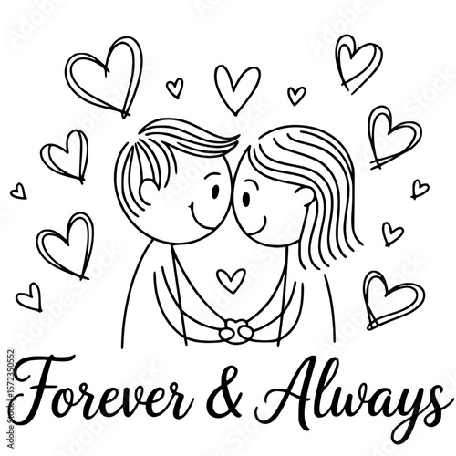 Forever & Always: A heartwarming illustration of a couple, intertwined amidst a flurry of hand-drawn hearts, symbolizing everlasting love and commitment.