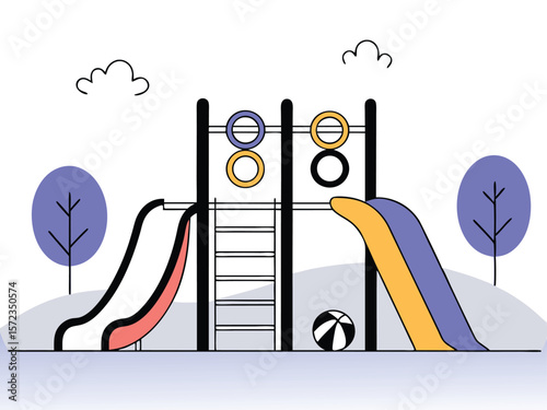 Colorful playground slide and equipment illustration with trees and clouds on transparent background