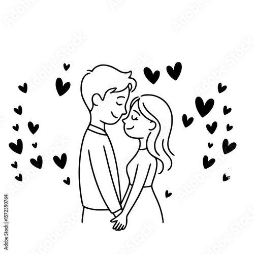 A tender embrace: An artistic depiction of a couple in love, hands clasped, surrounded by floating hearts, signifying the pure essence of love and unity.