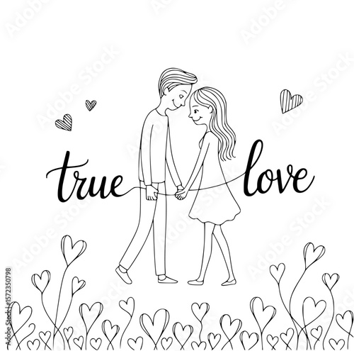 Embracing True Love: A line-art illustration depicts a couple in a sweet embrace, their hands gently clasped, surrounded by hearts, and the words true love.