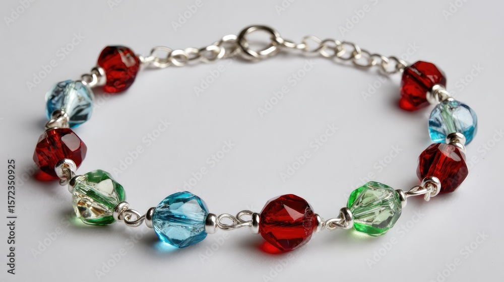 Obraz premium Silver bracelet for kids with playful red, green, and blue beads on white studio setup