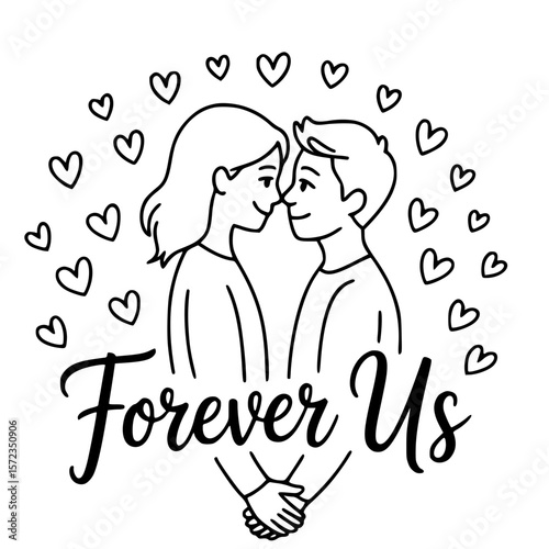 Forever Us: A heartwarming illustration capturing the enduring bond of love between a couple, surrounded by floating hearts, symbolizing everlasting affection.