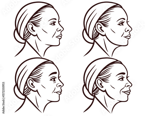 Elegant line art portraits of women's faces in profile with variations suitable for design