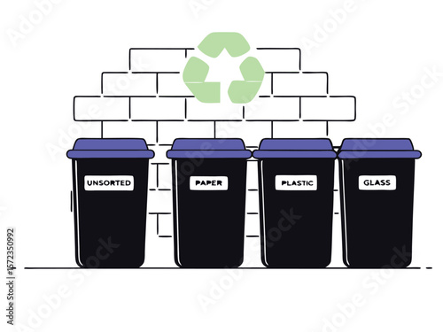 Environmental responsibility illustration featuring recycling bins for sorting waste with a symbolic icon