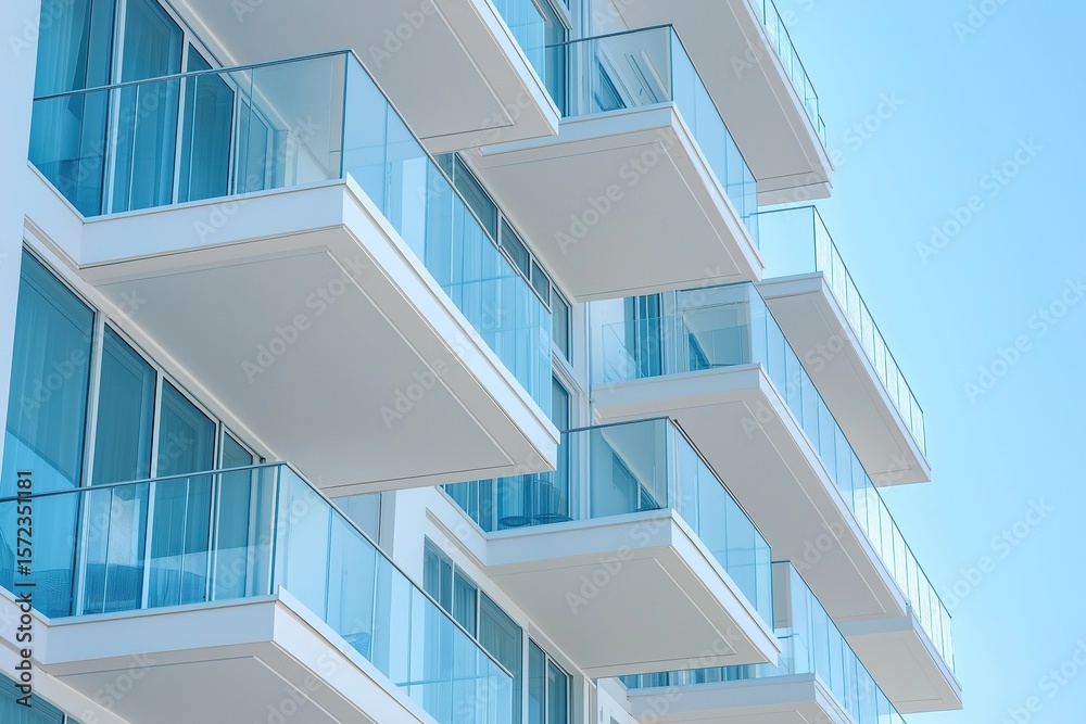 Fototapeta premium Close-up of modern apartment exterior with white glass panels and light blue accents, showcasing sleek minimalist architecture against clear sky, urban living concept