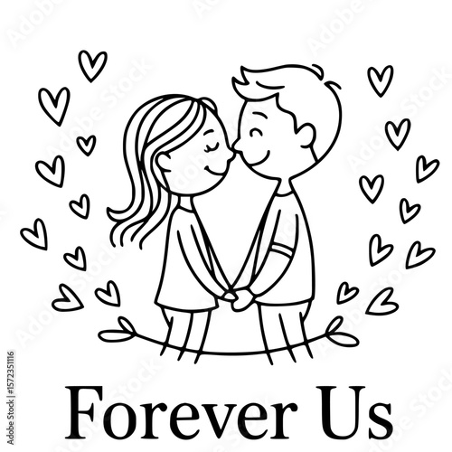 Forever Us: Capturing the timeless essence of love, an illustrated couple shares an intimate moment, surrounded by the gentle flutter of hearts, and symbolizing an eternal bond.