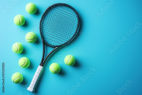 Black tennis racket and green tennis balls arranged on blue background with copy space, flat lay minimal style concept for sports equipment and advertising design