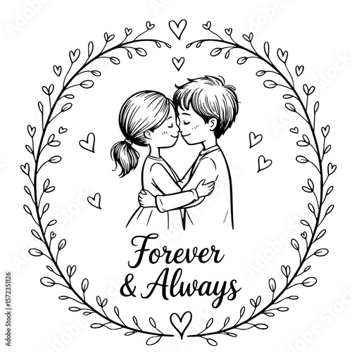 Eternal Embrace: A tender sketch capturing the intimate moment of a couple's embrace, nestled within a wreath of love and framed by delicate hearts. Expressing affection and forever love.