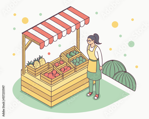 Fresh produce market stall display with fruits and a saleswoman on a white background