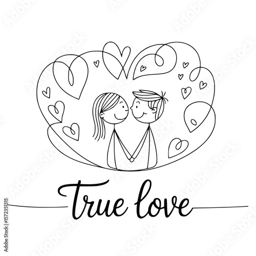 True Love Embrace: A simple yet elegant illustration depicting a couple deeply in love within a heart-shaped frame, conveying the essence of affection and eternal commitment.