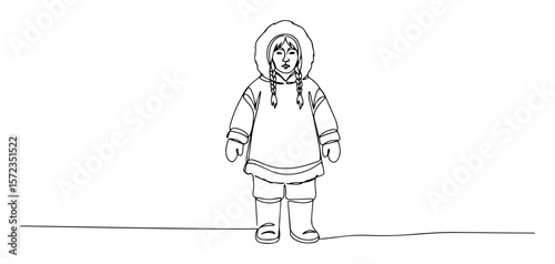 child in traditional inuit winter clothing line art