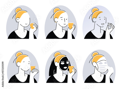 Illustrated sequence of facial treatments demonstrating skincare routines on a white background