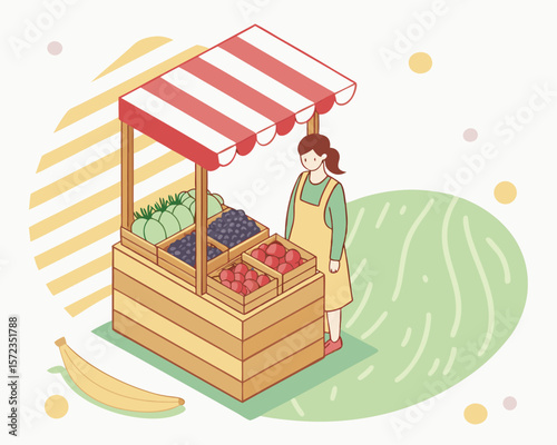 Illustration of a fruit stand with a vendor and a variety of fresh produce in an isometric style