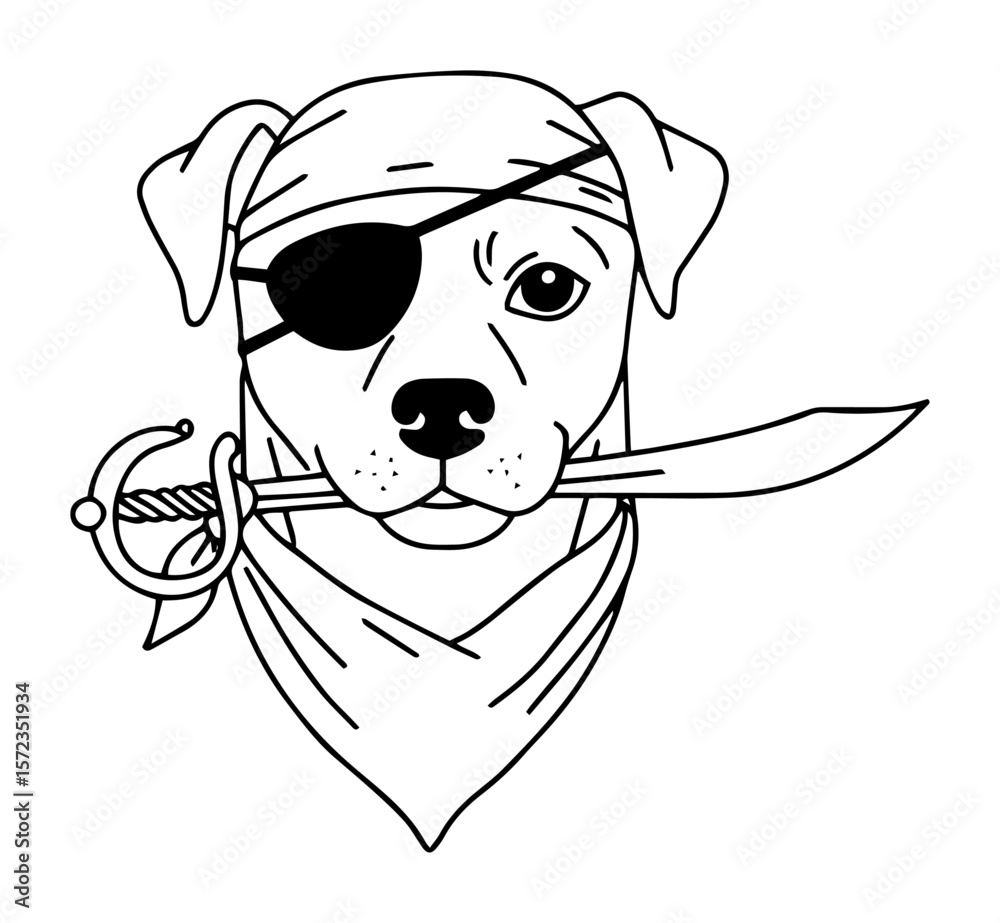 Fototapeta premium dog with sword in mouth and eyepatch