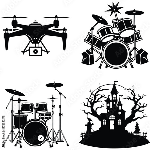 Vector art of a hightech drone, a drum kit, and a spooky haunted house are showcased in this collection of black and white vector illustrations
