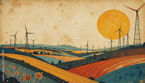 Windmill farm solar energy . Oil paint illustration.
