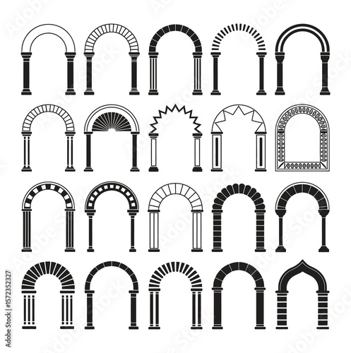 Line arch door frames. Minimalist ornate geometric doorway border frames, simple ornamental arched entrance decorative doors. Vector arch collection.
