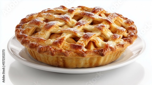 Apple pie with lattice crust on white background