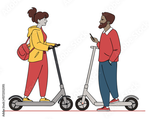Modern city scene depicting a woman and man enjoying electric scooters together
