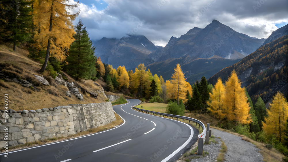 A winding mountain road surrounded by trees, with majestic mountains rising in the background