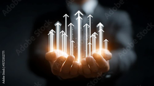 Hands Holding Glowing Upward Arrows: Growth, Success, and Progress Concept