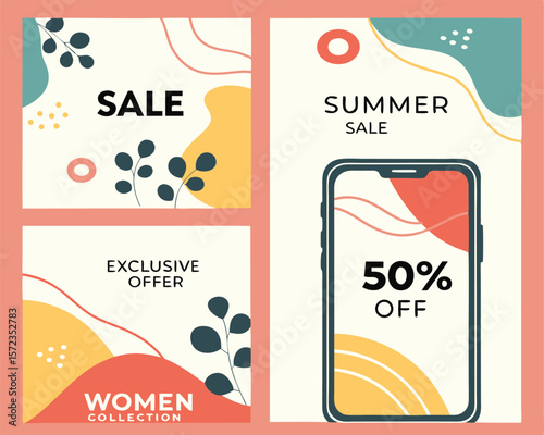 Modern summer sale promotional designs for mobile advertising with geometric and floral elements
